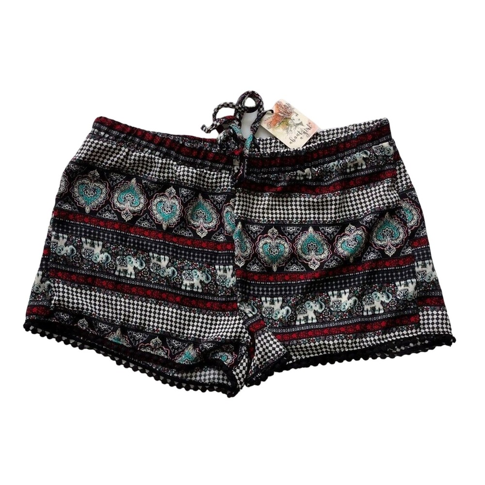 About a Girl Casual Shorts Size L Elephant Pattern Fringe Hem Elastic Waist